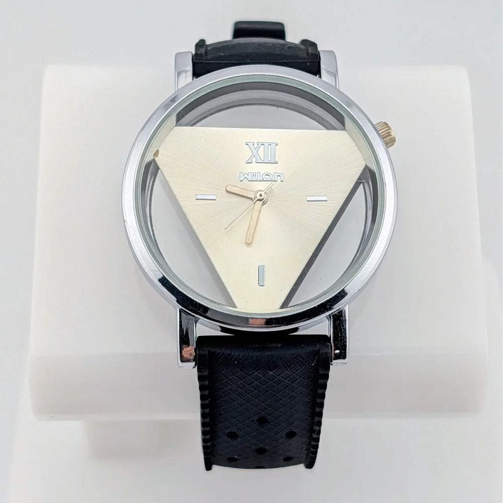 Wilon Triangle Dial Sunburst Quartz Watch Clear Case Black Silicone Strap 38mm